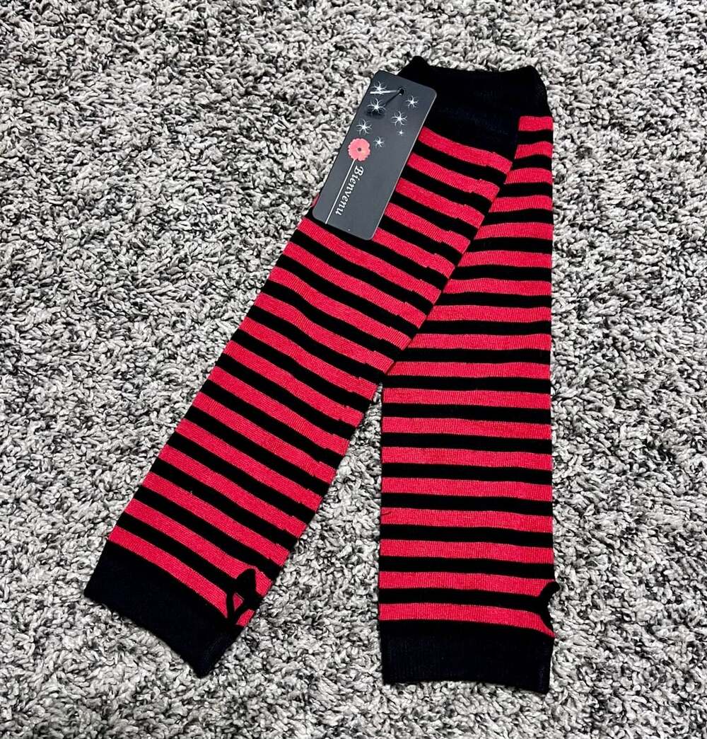 Fingerless Arm Warmers Red Black Striped Gothic Gloves
